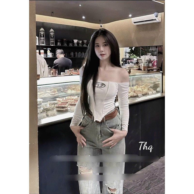 Áo Zip dài tay trễ vai có cúp ngực