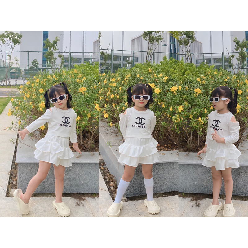 Set chân váy khoét vai Cha.nel cho bé gái