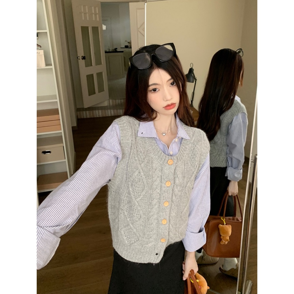 Set áo gile len và áo sơ mi, áo gile len mềm, áo cardigan len mềm dành cho nữ