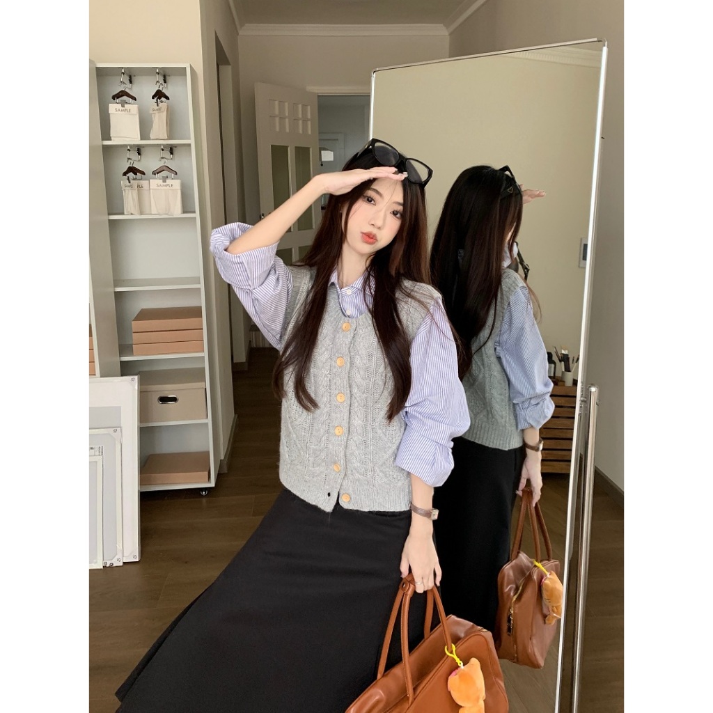 Set áo gile len và áo sơ mi, áo gile len mềm, áo cardigan len mềm dành cho nữ