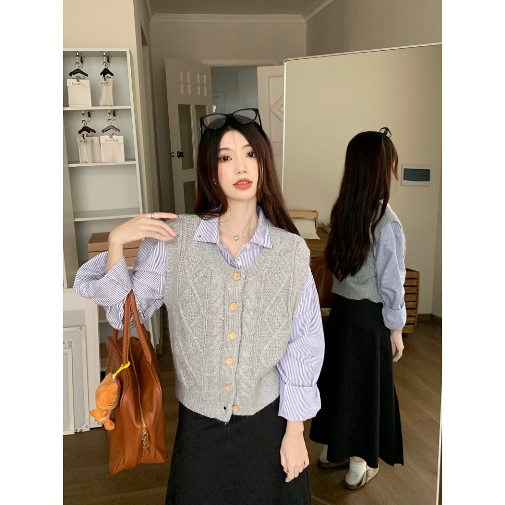 Set áo gile len và áo sơ mi, áo gile len mềm, áo cardigan len mềm dành cho nữ