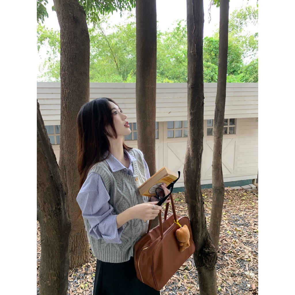 Set áo gile len và áo sơ mi, áo gile len mềm, áo cardigan len mềm dành cho nữ