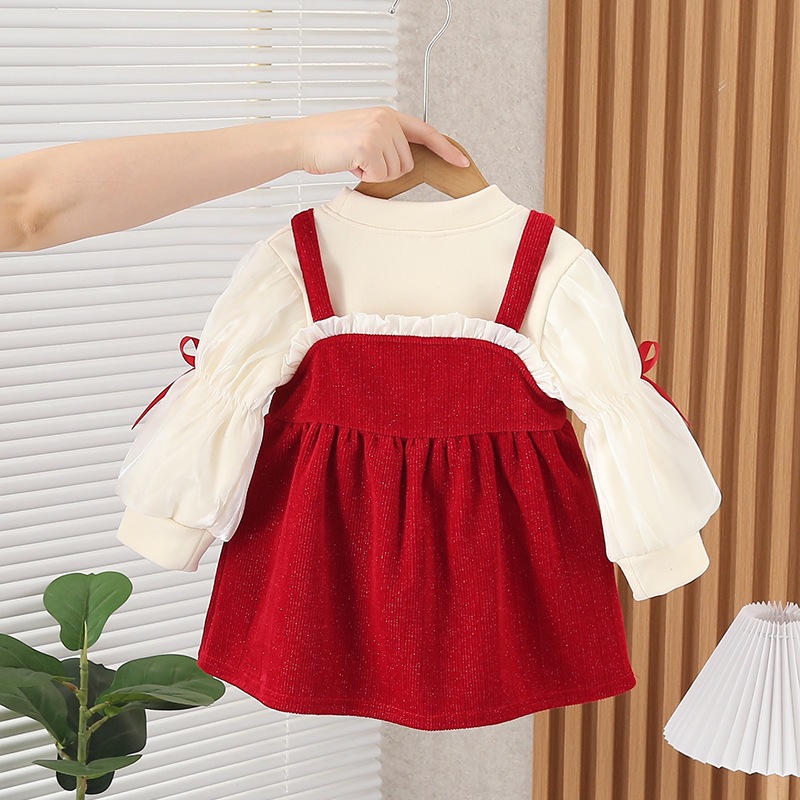 Set váy bé gái babydoll áo dài tay, đầm cho bé nhung đỏ 10-30kg phong cách Hàn Quốc diện Noel Tết