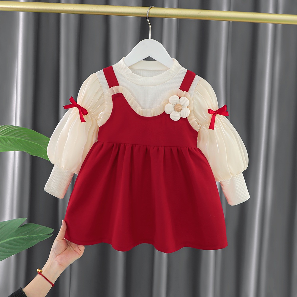 Set váy bé gái babydoll áo dài tay, đầm cho bé nhung đỏ 10-30kg phong cách Hàn Quốc diện Noel Tết
