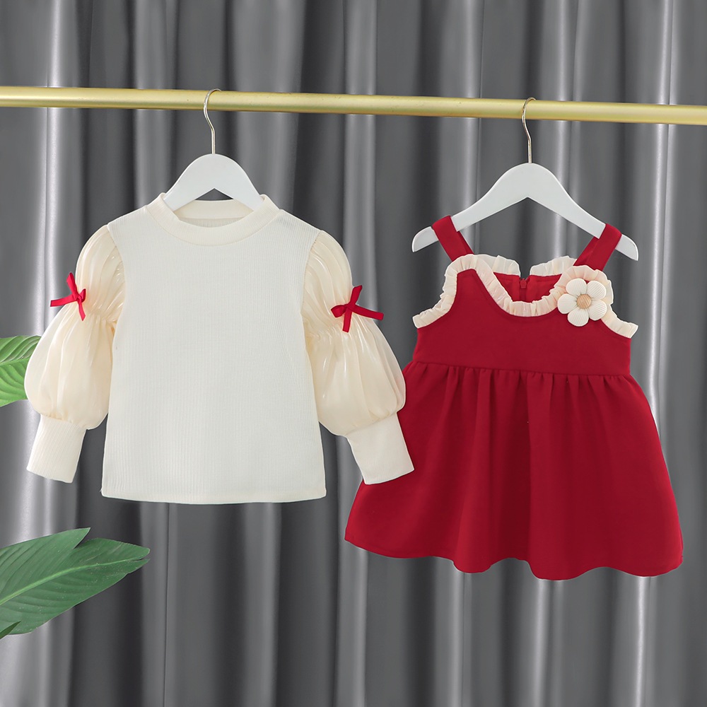 Set váy bé gái babydoll áo dài tay, đầm cho bé nhung đỏ 10-30kg phong cách Hàn Quốc diện Noel Tết