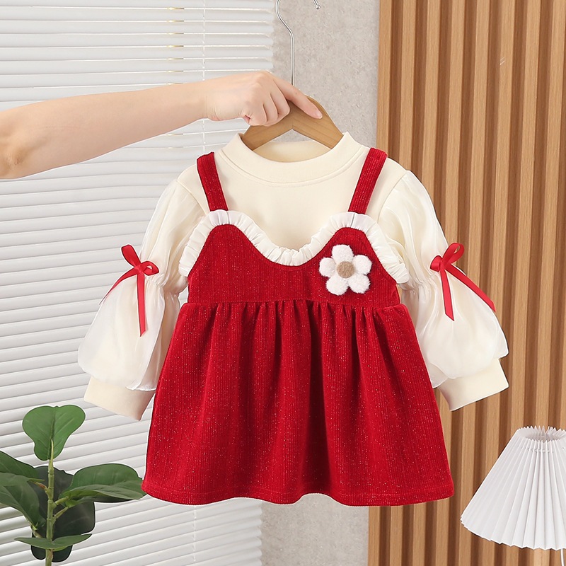 Set váy bé gái babydoll áo dài tay, đầm cho bé nhung đỏ 10-30kg phong cách Hàn Quốc diện Noel Tết