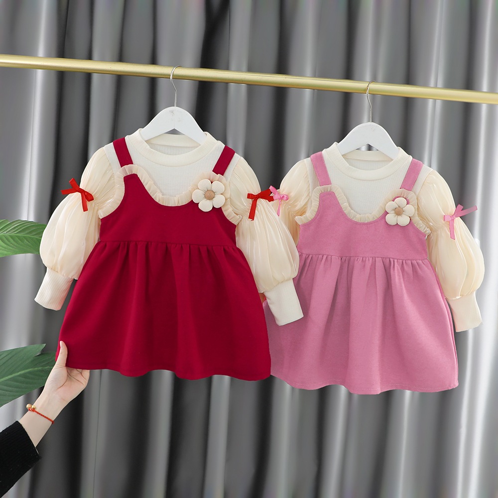 Set váy bé gái babydoll áo dài tay, đầm cho bé nhung đỏ 10-30kg phong cách Hàn Quốc diện Noel Tết