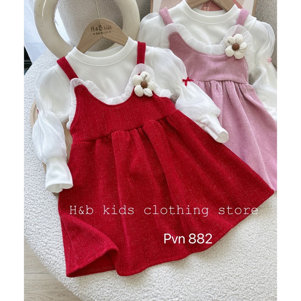 Set váy bé gái babydoll áo dài tay, đầm cho bé nhung đỏ 10-30kg phong cách Hàn Quốc diện Noel Tết