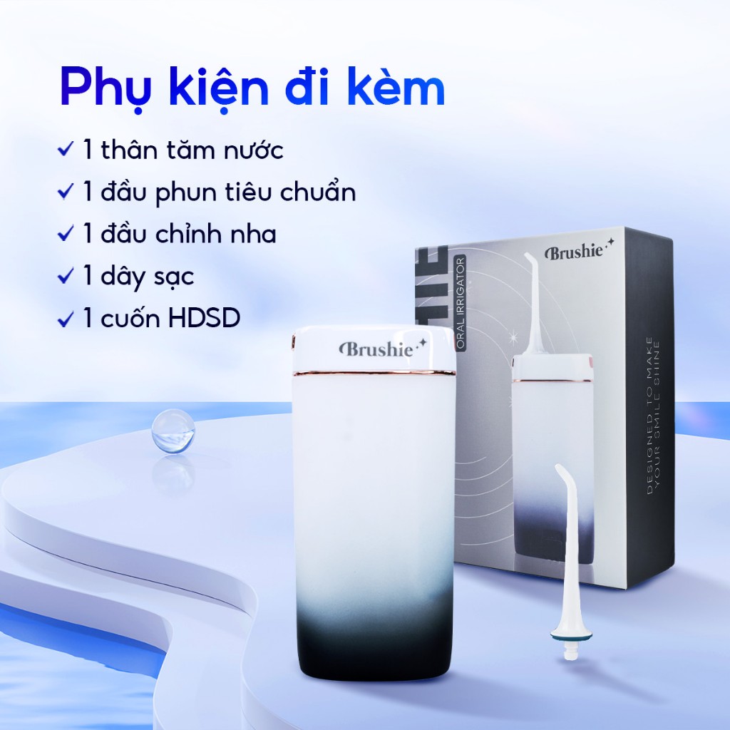 Tăm nước cầm tay Brushie mini, máy tăm nước gấp gọn cải tiến phù hợp cho răng nướu nhạy cảm