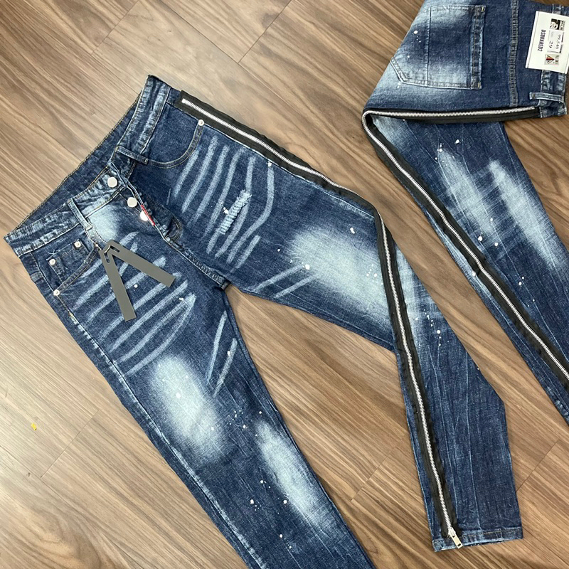 Quần Jeans Nam Dsq2 Xanh Bạc Vảy Sơn Khoá Zip Chéo Dọc Sau Ống 4 Cúc - Quần Jeans Dsq2 Hot Trend