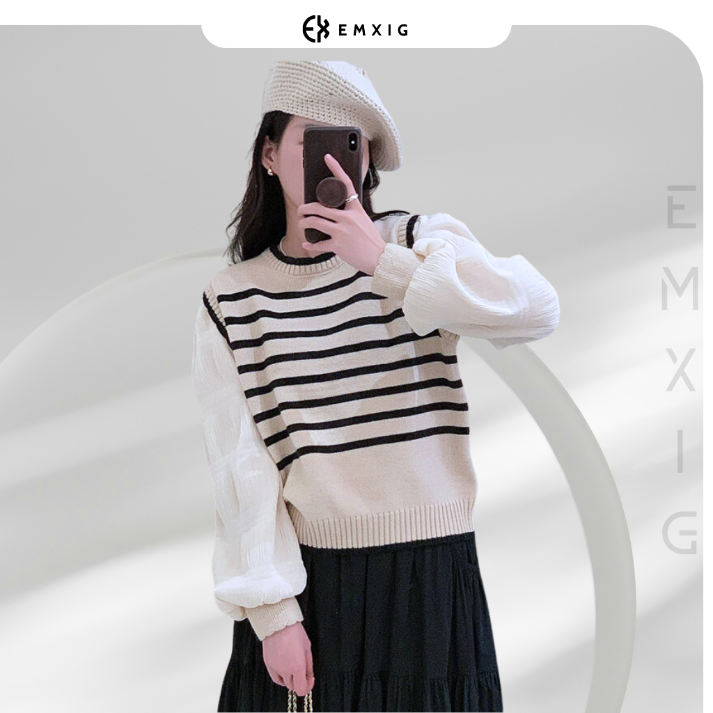 Áo len tay bồng Emxig thiết kế họa tiết kẻ sọc phong cách vintage E01