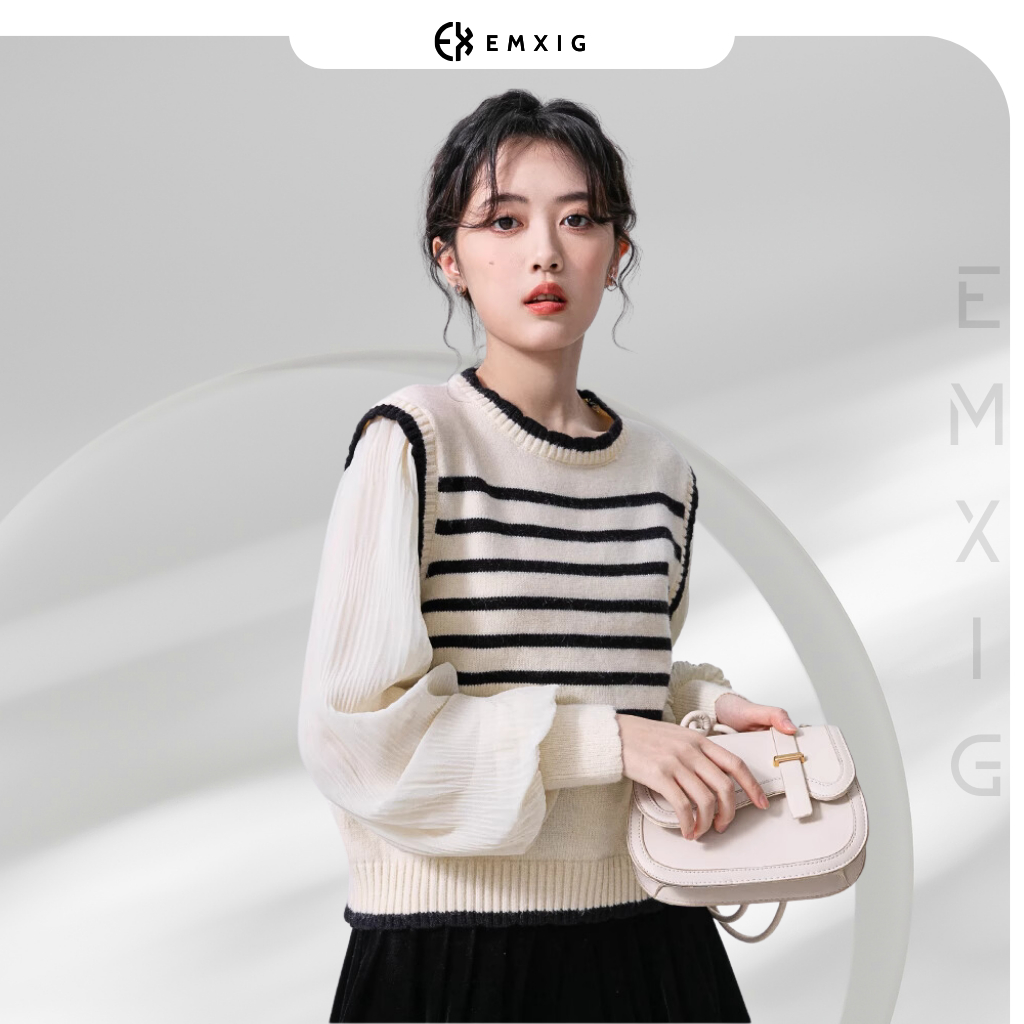 Áo len tay bồng Emxig thiết kế họa tiết kẻ sọc phong cách vintage E01