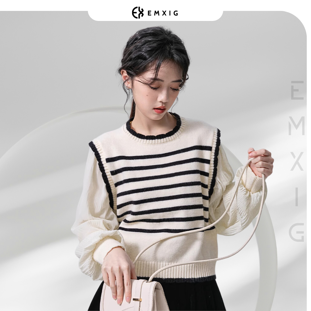 Áo len tay bồng Emxig thiết kế họa tiết kẻ sọc phong cách vintage E01