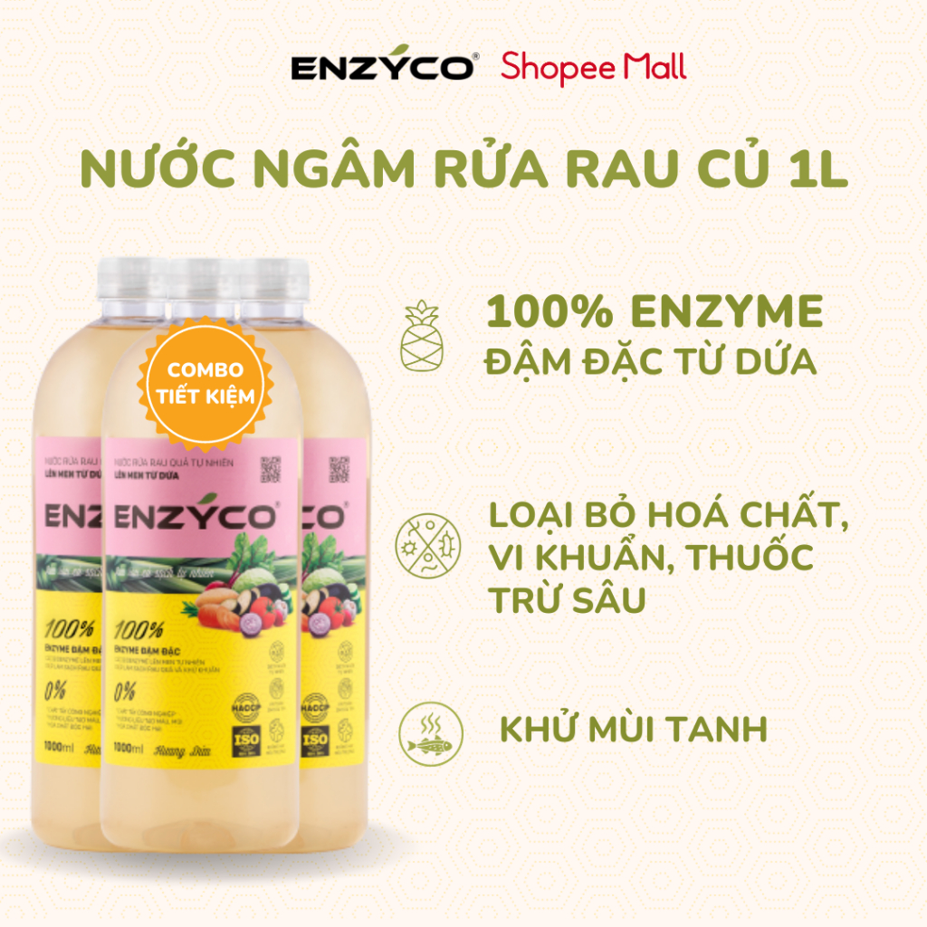 Combo 3 Chai Nước Ngâm Rửa Rau Củ Quả Sinh Học ENZYCO Hương Dứa 1L, Làm Sạch Thực Phẩm 100% EnzymeTừ Dứa