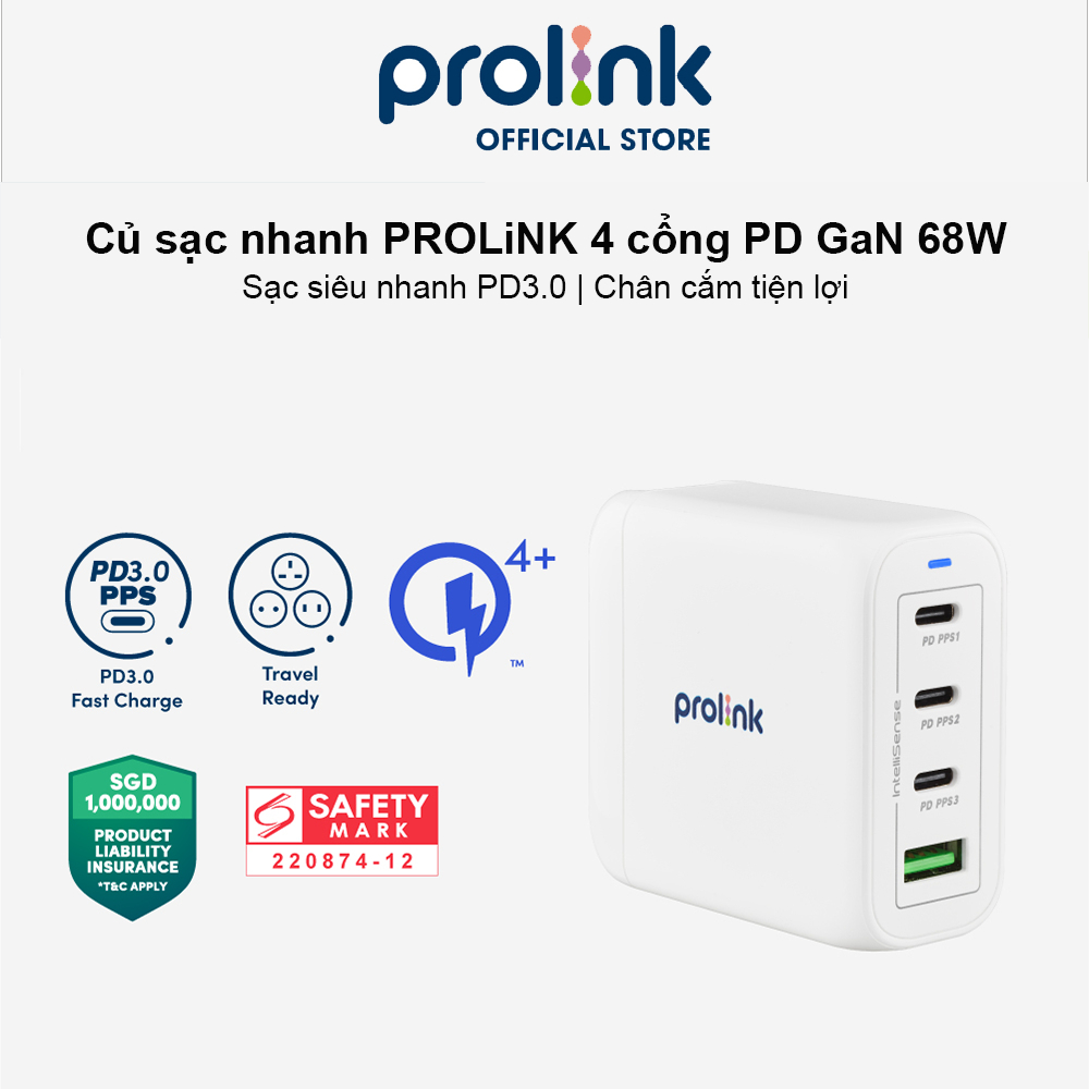 Củ sạc nhanh 4 cổng 68W Prolink GT46801 (PD 3.0 & QC4+) công nghệ GAN phù hợp Laptop, máy tính bảng, điện thoại...