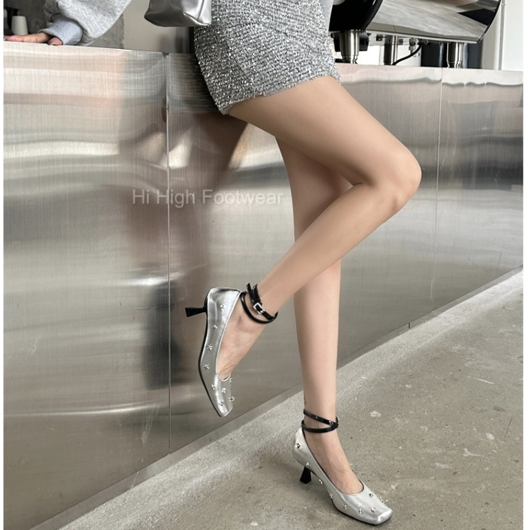 Giày búp bê Mary Jane cao gót mũi tròn cho nữ đính kim loại gót nhọn cho nữ 2024