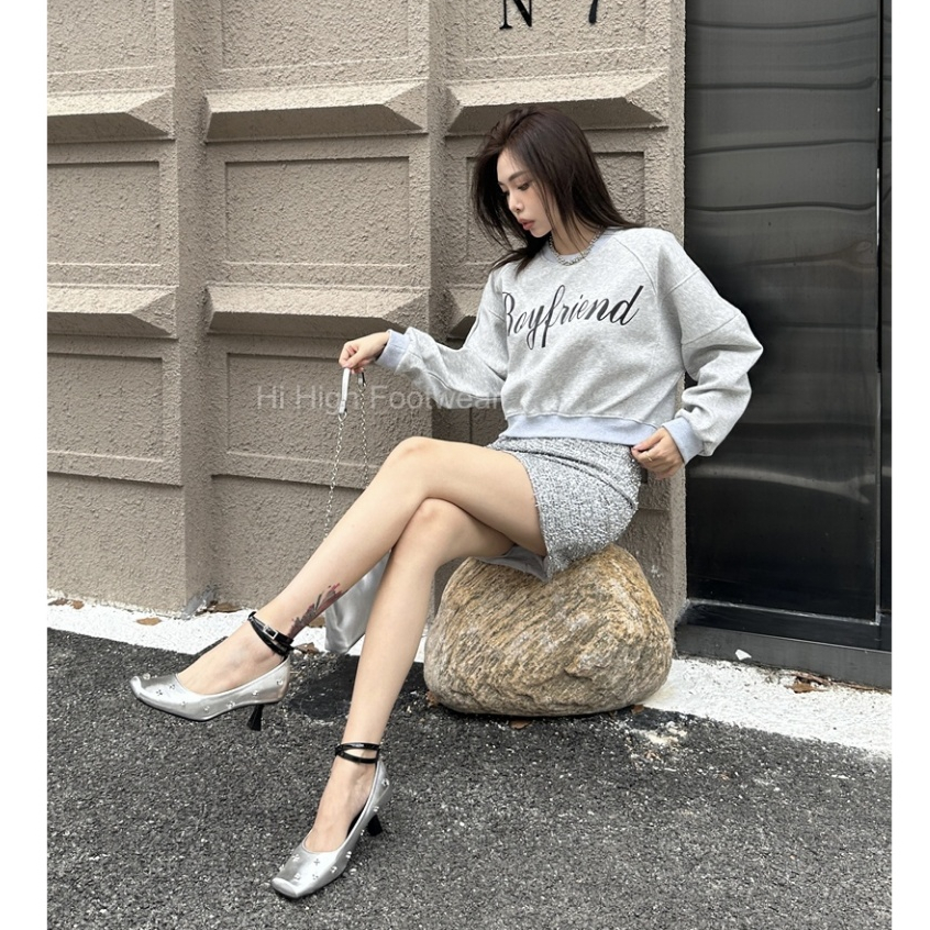 Giày búp bê Mary Jane cao gót mũi tròn cho nữ đính kim loại gót nhọn cho nữ 2024