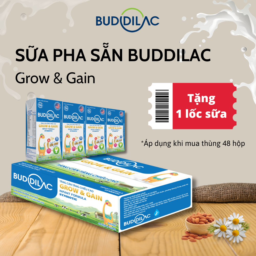 Sữa Pha Sẵn Cao Năng Lượng Cho Bé Buddilac Grow & Gain – Giúp Tăng Cân, Tăng Chiều Cao - 1 thùng 48 hộp 110 ml