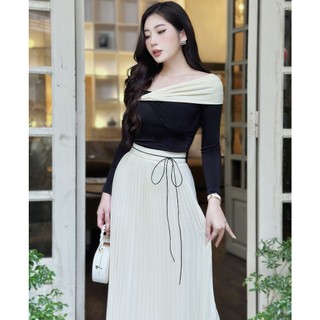 Set đầm thiết kế may i48 màu trắng kem phối đen - set váy thiết kế thanh lịch chuẩn may
