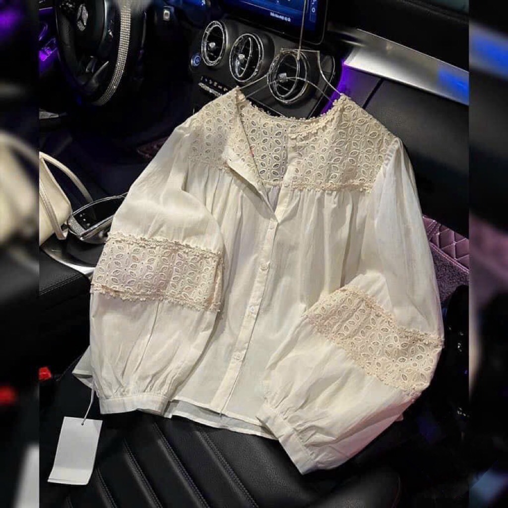 Áo sơ mi A.541, Áo babydoll cổ tròn dài tay tay bo phối ren đơn giản dễ thương - Shop Chấm Bi