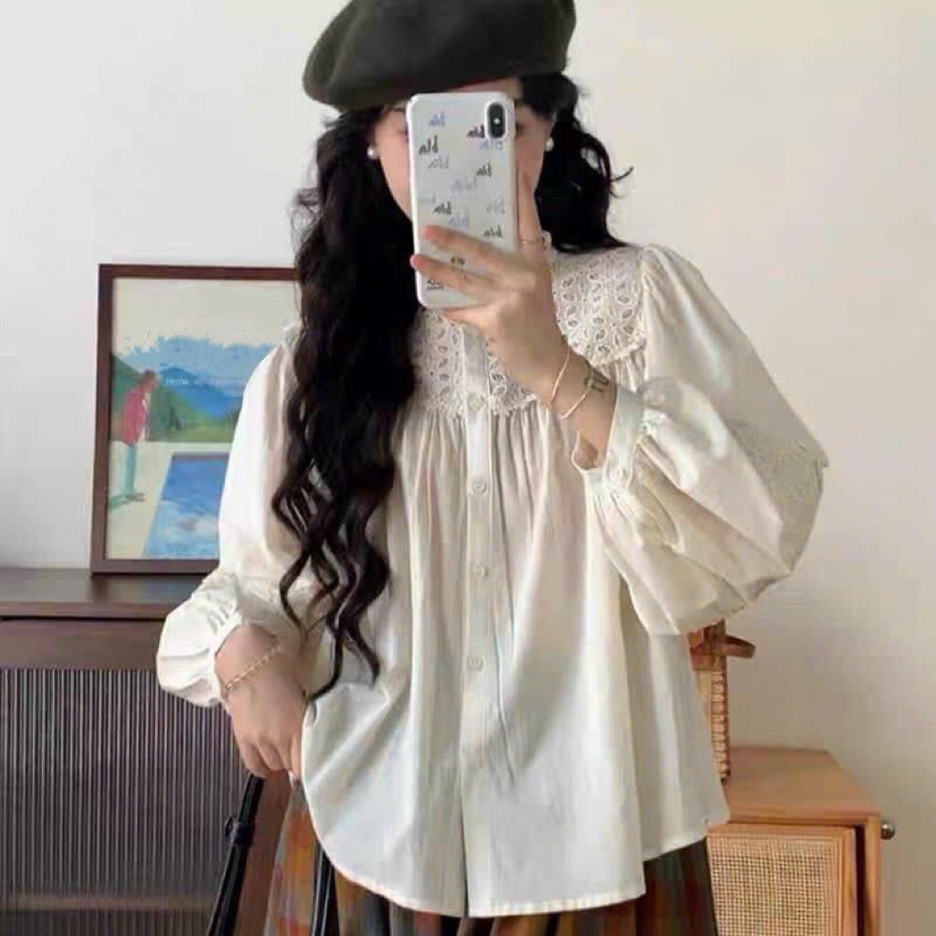 Áo sơ mi A.541, Áo babydoll cổ tròn dài tay tay bo phối ren đơn giản dễ thương - Shop Chấm Bi