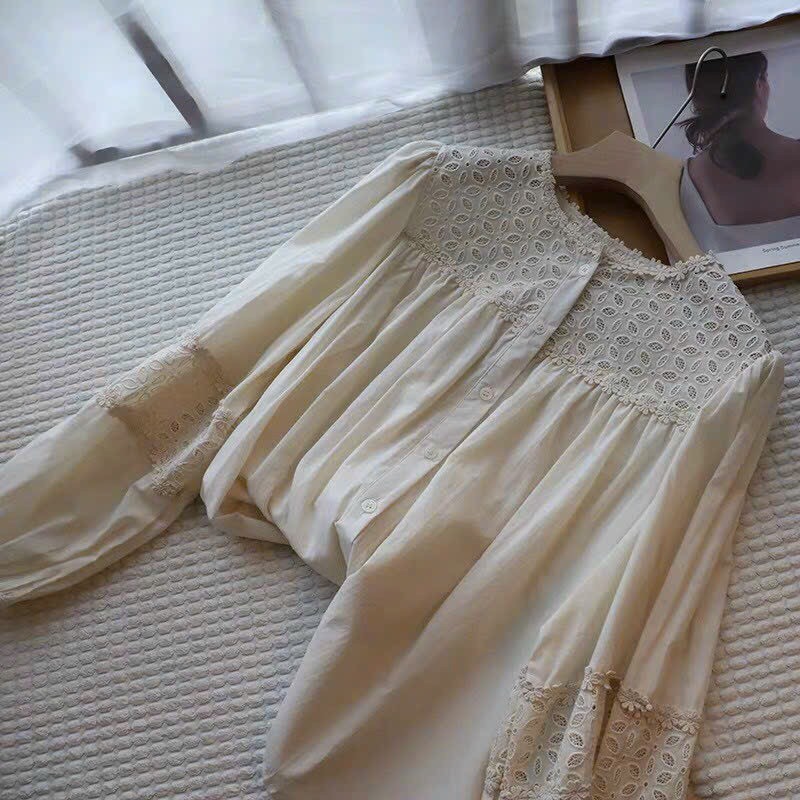 Áo sơ mi A.541, Áo babydoll cổ tròn dài tay tay bo phối ren đơn giản dễ thương - Shop Chấm Bi