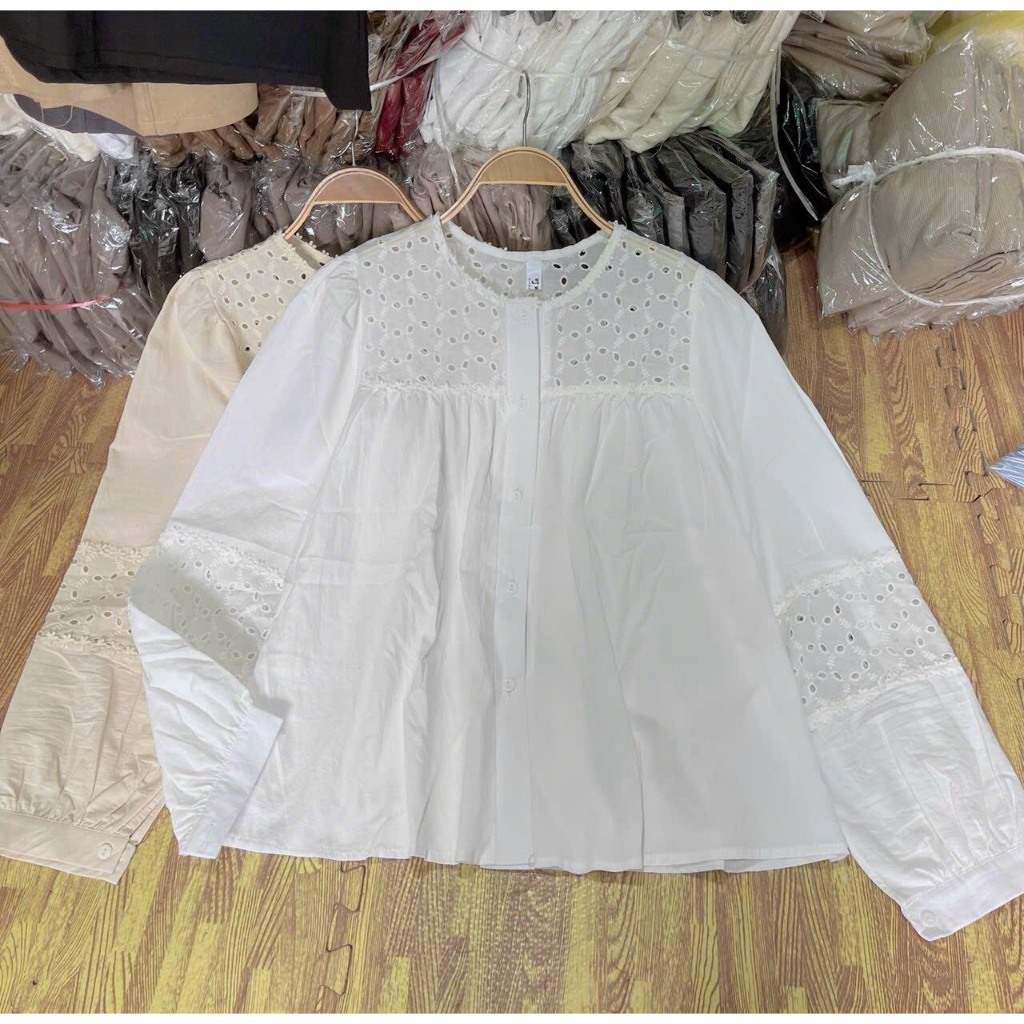 Áo sơ mi A.541, Áo babydoll cổ tròn dài tay tay bo phối ren đơn giản dễ thương - Shop Chấm Bi