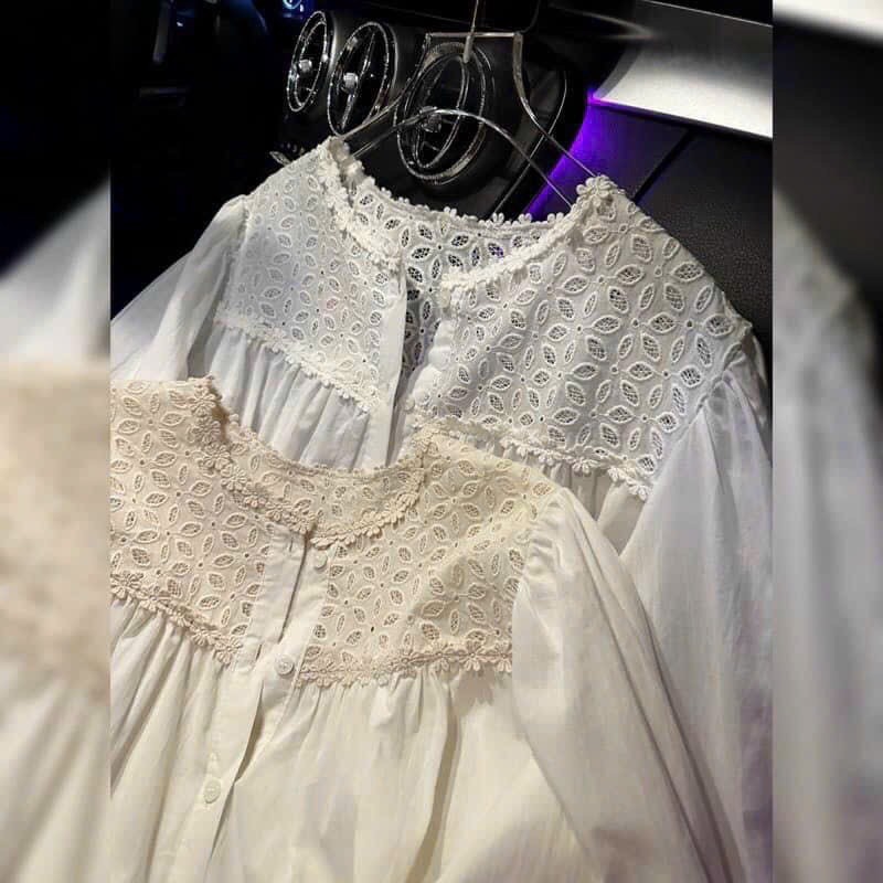 Áo sơ mi A.541, Áo babydoll cổ tròn dài tay tay bo phối ren đơn giản dễ thương - Shop Chấm Bi