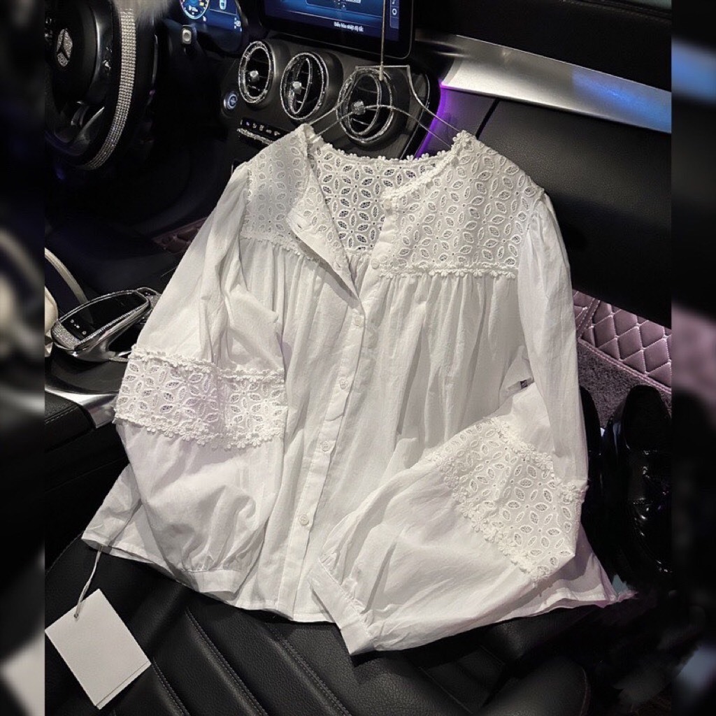 Áo sơ mi A.541, Áo babydoll cổ tròn dài tay tay bo phối ren đơn giản dễ thương - Shop Chấm Bi
