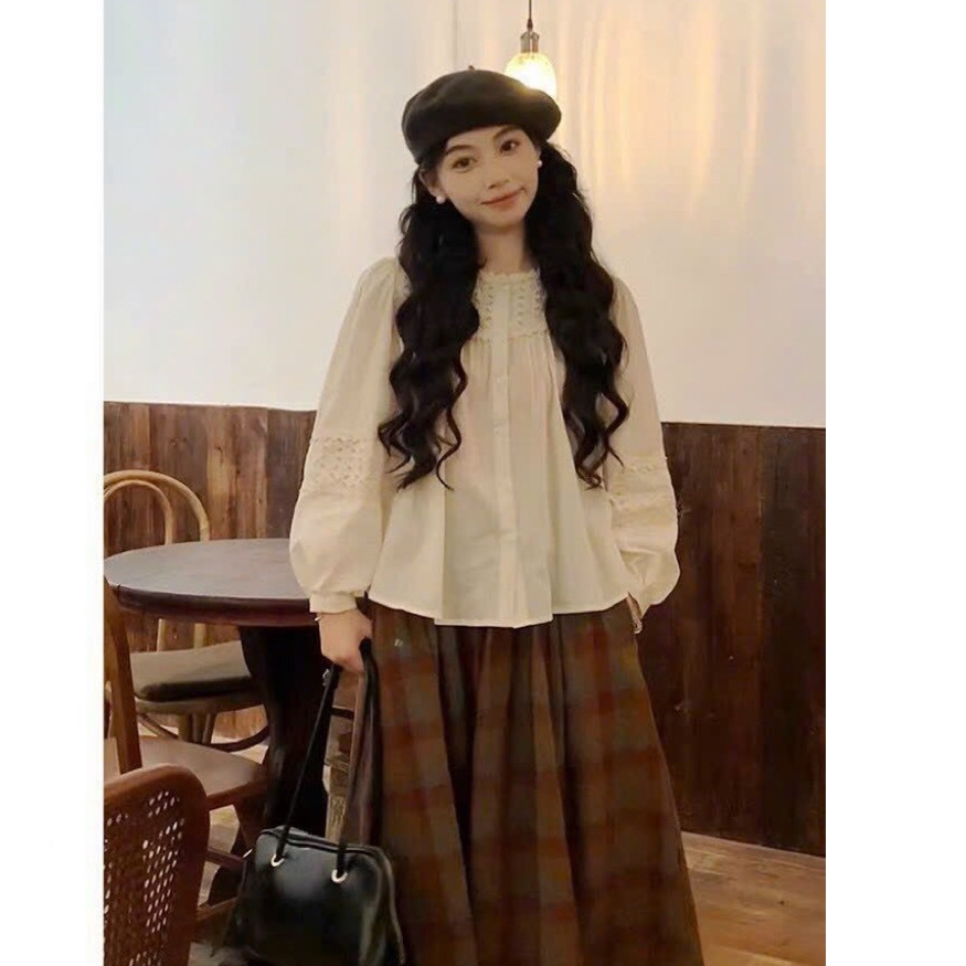Áo sơ mi A.541, Áo babydoll cổ tròn dài tay tay bo phối ren đơn giản dễ thương - Shop Chấm Bi