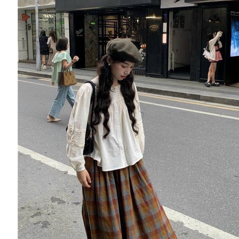 Áo sơ mi A.541, Áo babydoll cổ tròn dài tay tay bo phối ren đơn giản dễ thương - Shop Chấm Bi