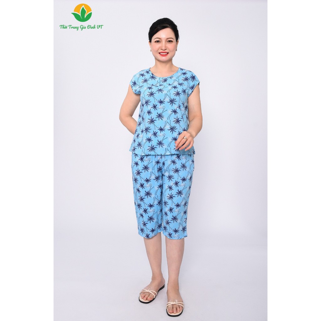 Bộ quần áo mặc nhà trung niên Việt Thắng, quần lửng, áo cộc tay, chất lanh tole - B06.2324