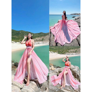 (miễn phí chỉnh váy) đầm maxi voan in màu đỏ xẻ ngực hở lưng váy xẻ tà đi biển du lịch chụp hình sống ảo