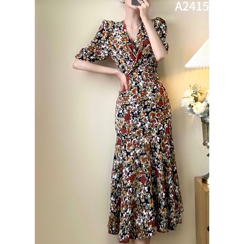 Váy hoa nhí cổ V 2 màu siêu xinh cho các nàng A2415