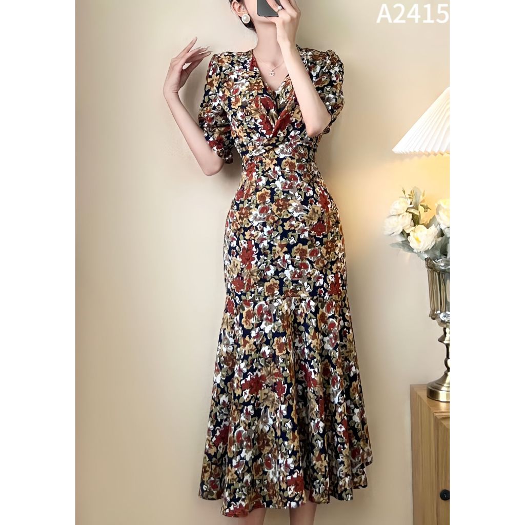 Váy hoa nhí cổ V 2 màu siêu xinh cho các nàng A2415