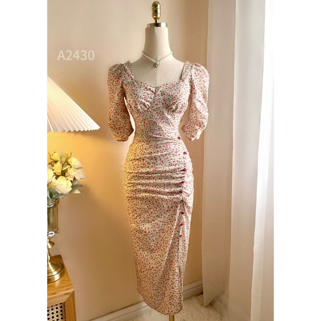 Mẫu đầm hot nhất năm phong cách tiểu thư tay bồng xẻ hông 2430