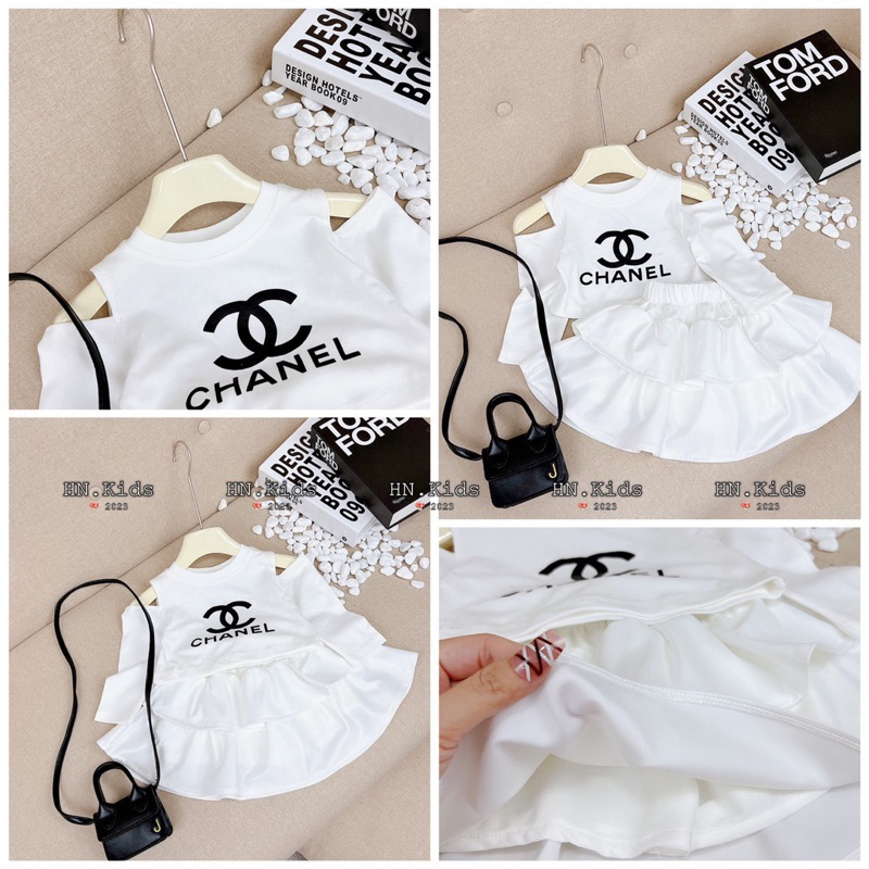 Set chân váy khoét vai Cha.nel cho bé gái