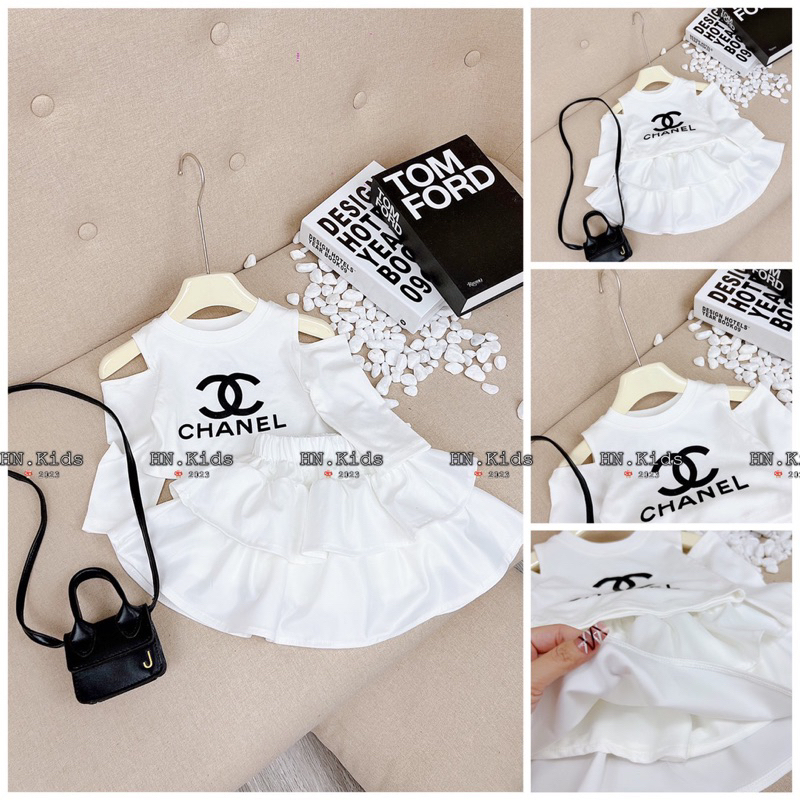 Set chân váy khoét vai Cha.nel cho bé gái