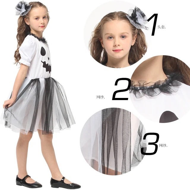 Bộ váy, đầm có nơ kẹp tóc hóa trang Halloween Ghost Girl cho bé gái