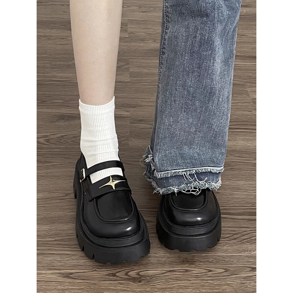Giày Lolita Nữ Tia Sáng Mary Quai Cài Thời Trang Mới Hot Da Dáng Oxford Màu Đen/Kem Học Sinh Độn Đế Cao 5cm