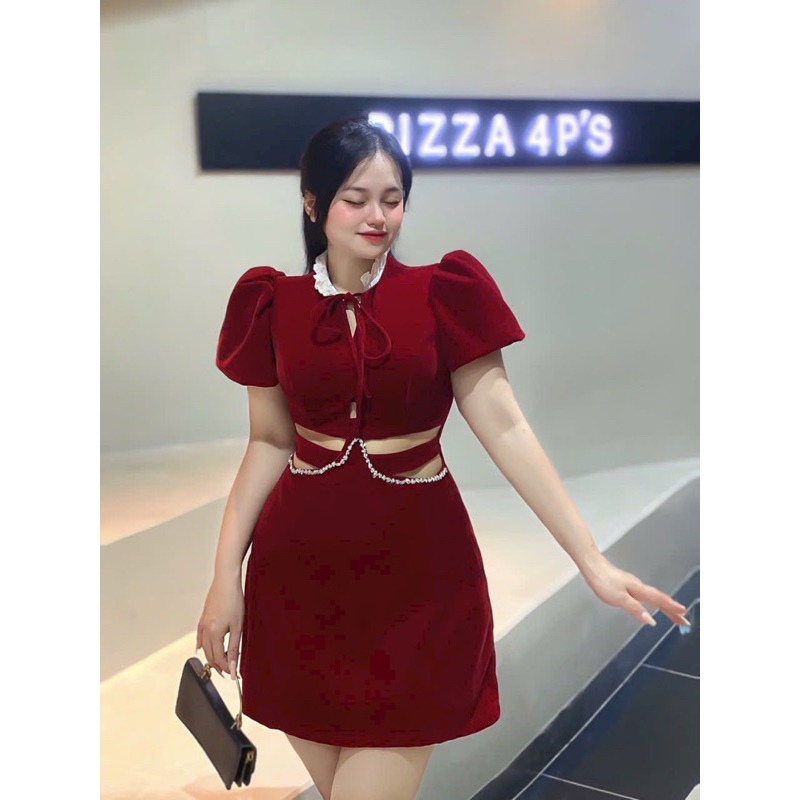 Bigsize Đầm nhung khoét eo viền đá 55-95kg