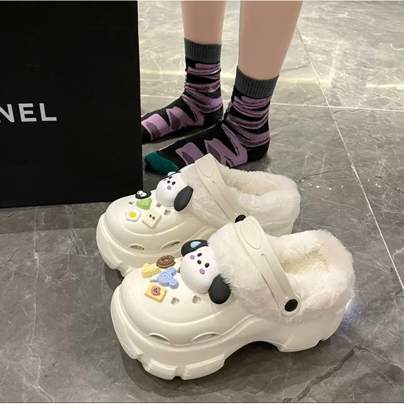 Dép crocs đế 8 phân tăng chiều cao lót lông cho mùa đông không lạnh