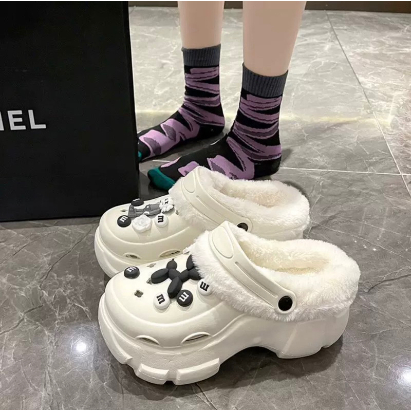 Dép crocs đế 8 phân tăng chiều cao lót lông cho mùa đông không lạnh