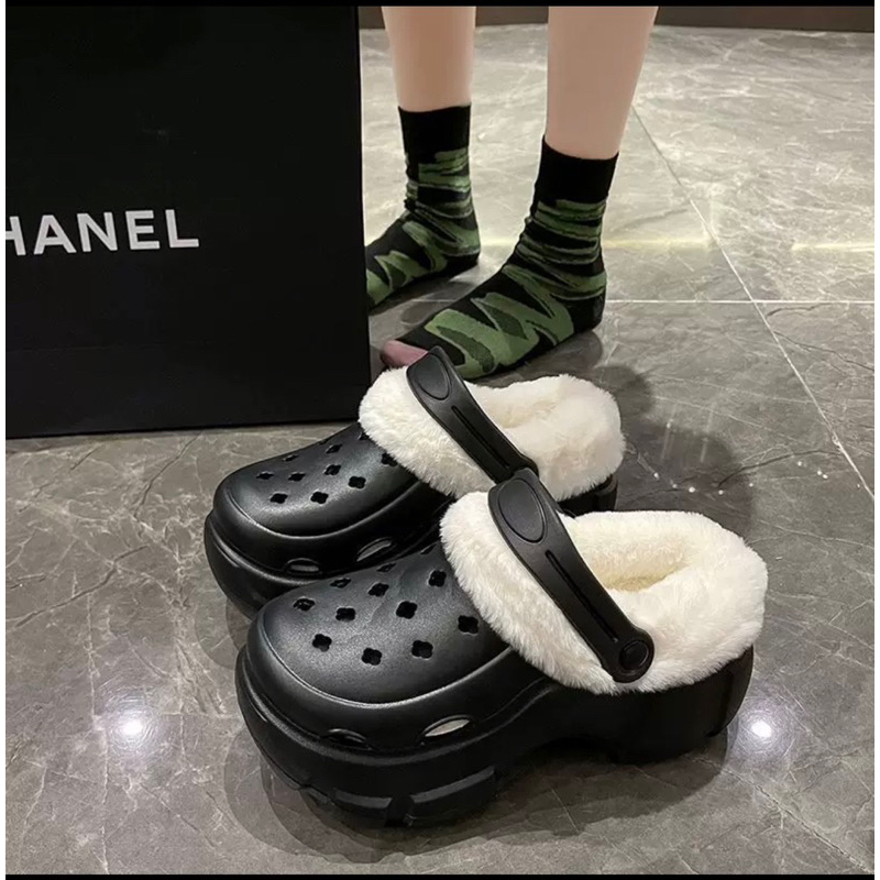 Dép crocs đế 8 phân tăng chiều cao lót lông cho mùa đông không lạnh