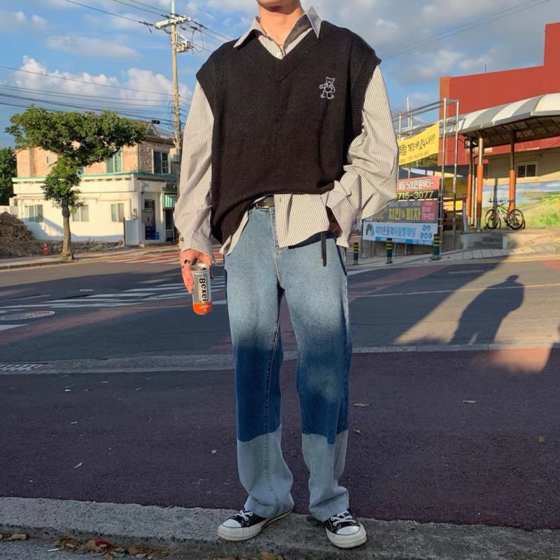 Áo gile unisex,chất len dệt kim thêu hình Bear 2 màu xám đen