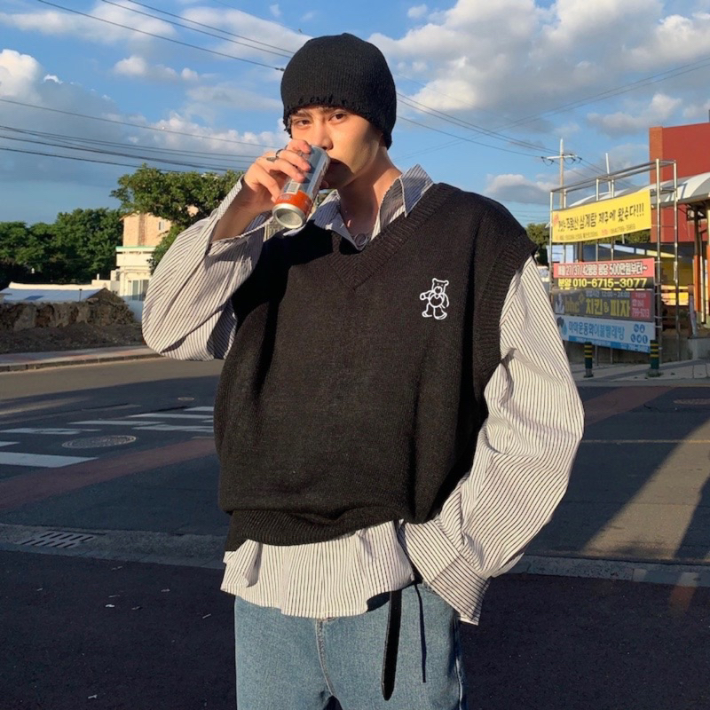 Áo gile unisex,chất len dệt kim thêu hình Bear 2 màu xám đen