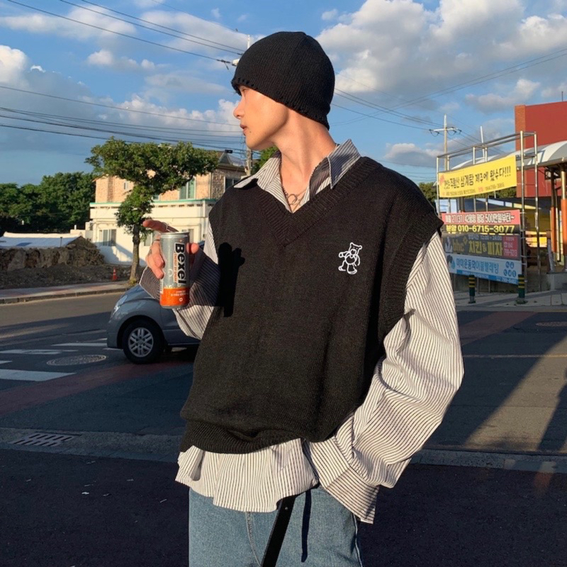 Áo gile unisex,chất len dệt kim thêu hình Bear 2 màu xám đen