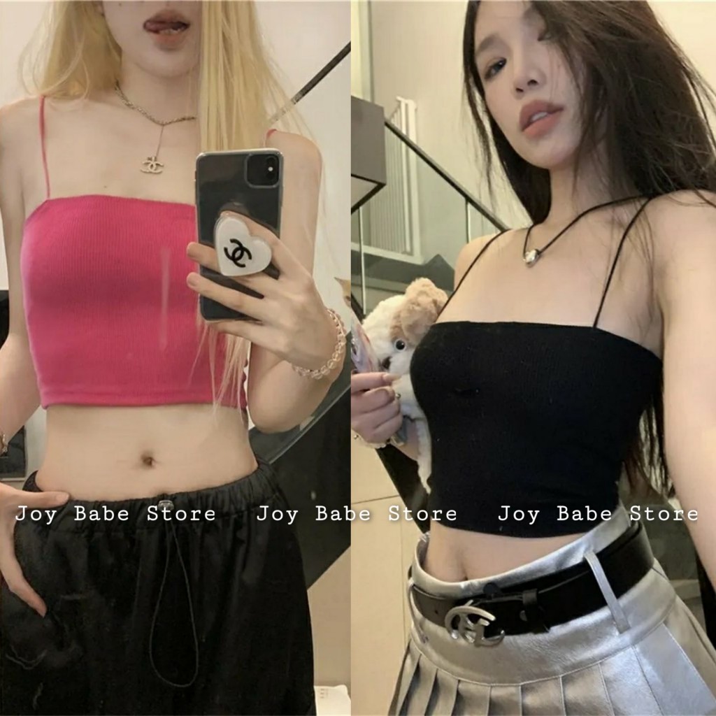 Áo 2 dây croptop basic JOY BABE🌼 hai dây sợi bún thun mịn co giãn, full màu, lót trong trắng đen trơn CROH 3-7B