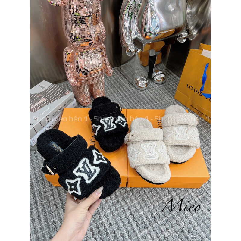 Dép lông lv hai quai ngang chữ thêu đáp xù fullbox
