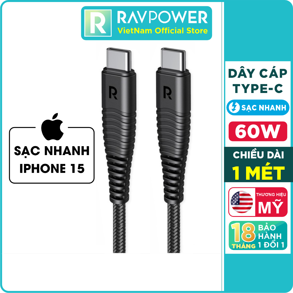 Dây Cáp Sạc Type C to C 60W Dài 1M Sạc Nhanh Cho iPhone 15, Điện Thoại Android RAVPower RP-CB047 - Hàng Chính Hãng